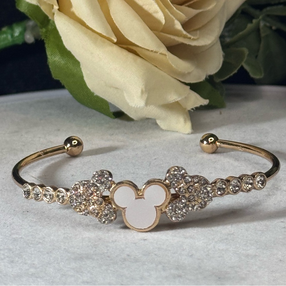 NWOT Gold Tone Sparkling Mickey Ears Cuff Bracelet White 2 inch